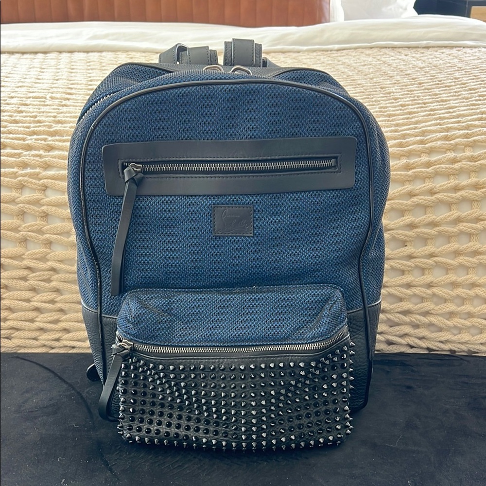 Christian Louboutin Stylish Blue and Black Men's Backpack Spiked Leather